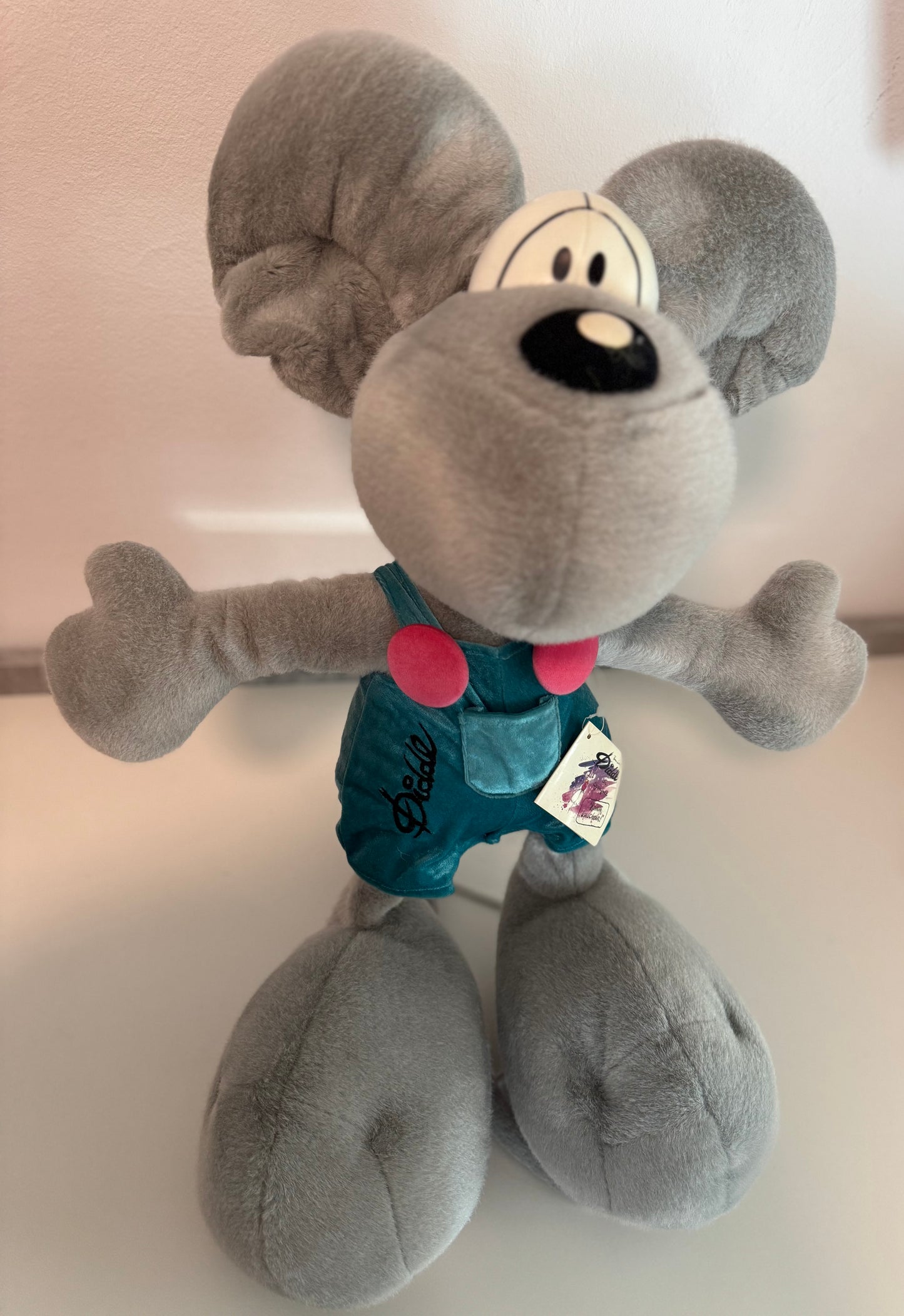 Diddl Grau mit Türkiser Latzhose und Etikett 60cm Groß